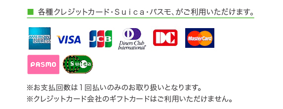 クレジットカード種類は、 ティーエスキュービック・ＶＩＳＡ・マスター・ＪＣＢ・アメリカンエクスプレス・ダイナースです。パスモ・スイカが使えます。お支払回数は１回払いのみのお取り扱いとなります。クレジットカード会社のギフトカードはご利用いただけません。